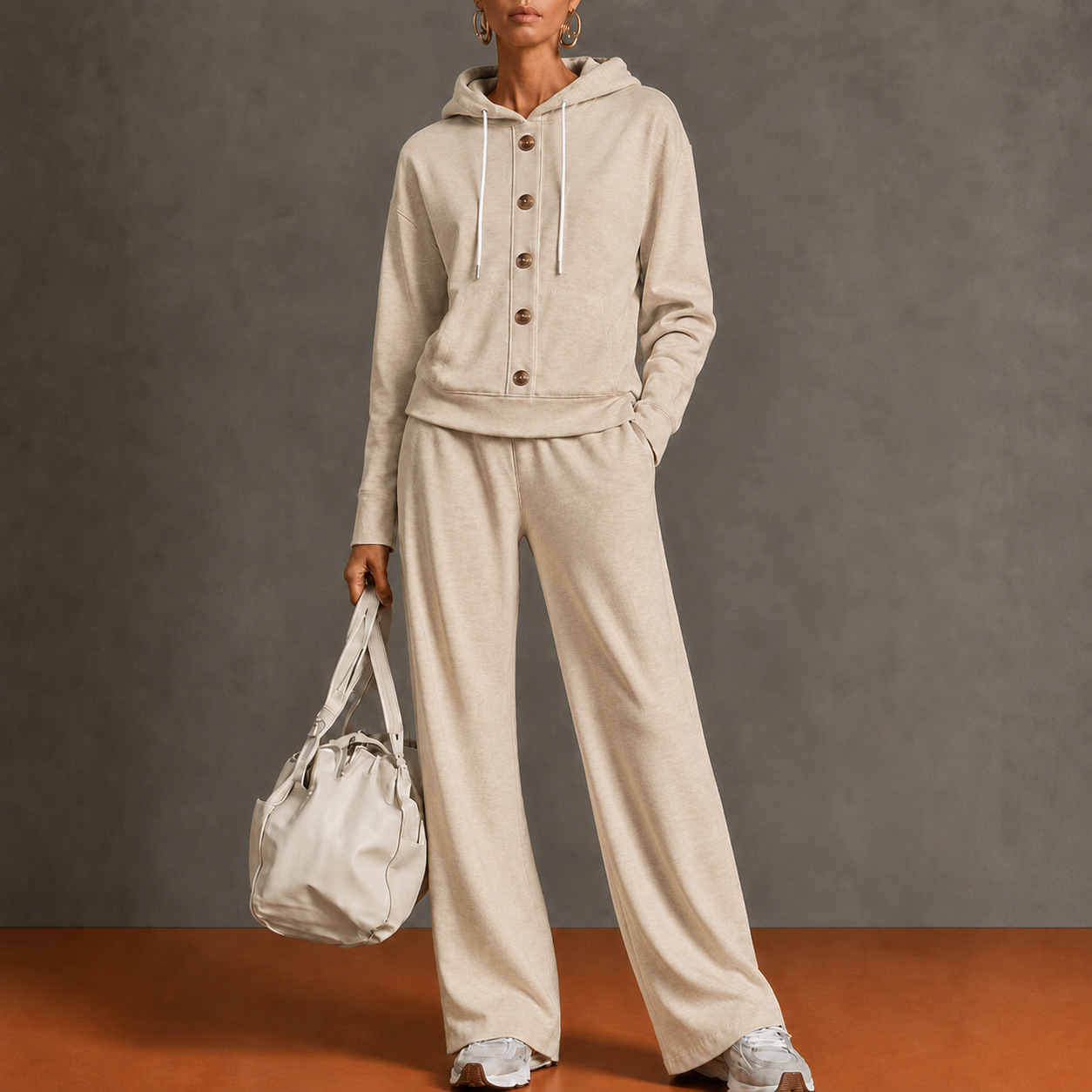 Women’s Hooded Two Piece Lounge Set, Button Front Sweatshirt Top & Wide Leg Pants Outfit