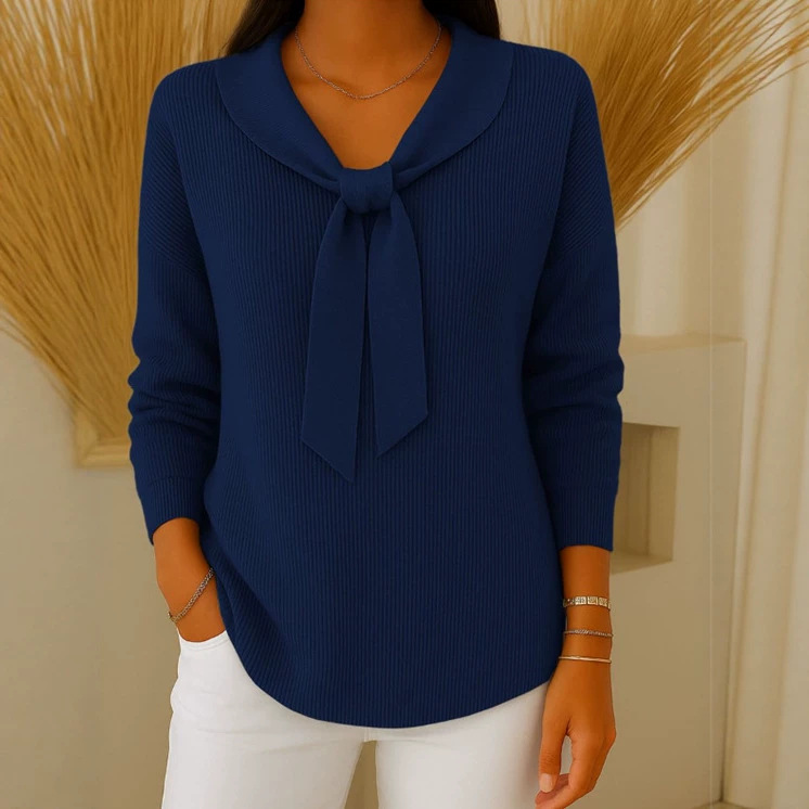 Women's Bow Tie Neck Knit Sweater, Relaxed Fit Long Sleeve Pullover Top