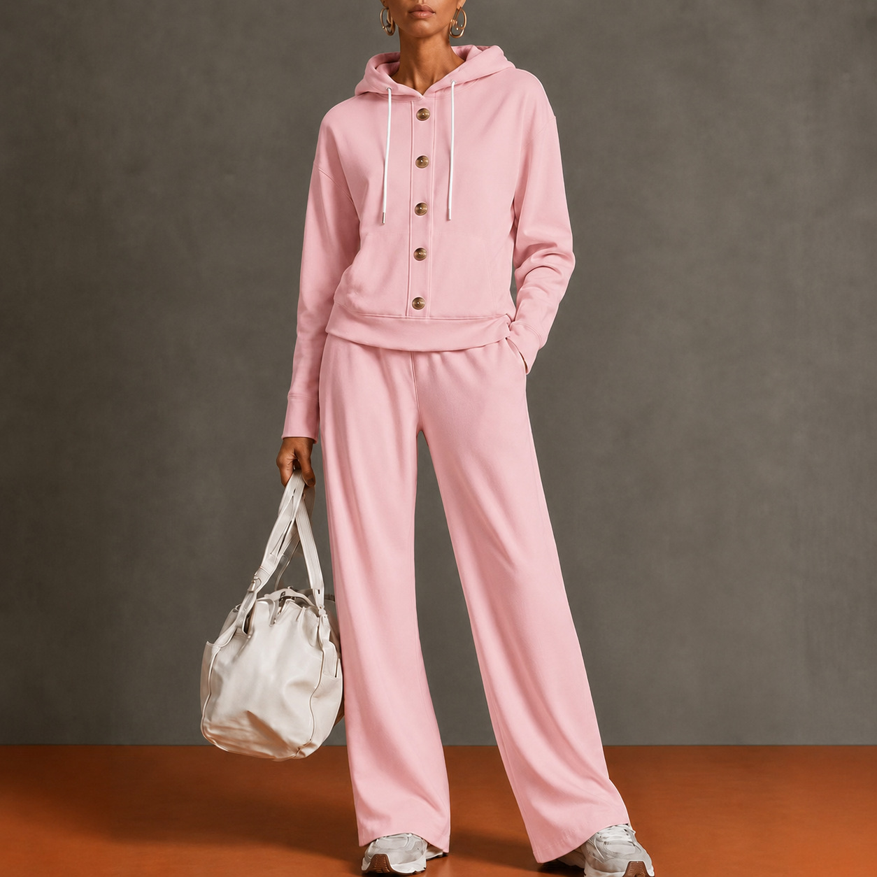 Women’s Hooded Two Piece Lounge Set, Button Front Sweatshirt Top & Wide Leg Pants Outfit