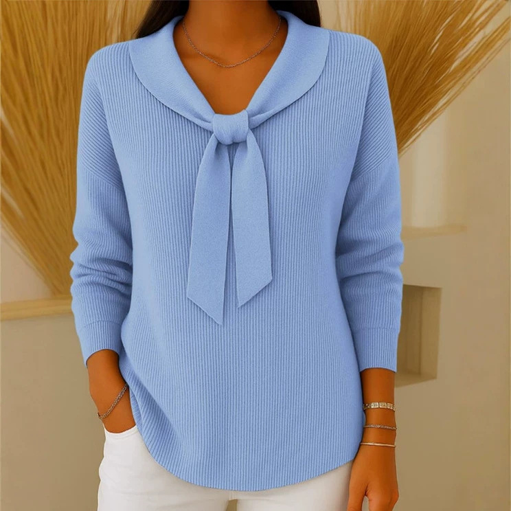 Women's Bow Tie Neck Knit Sweater, Relaxed Fit Long Sleeve Pullover Top