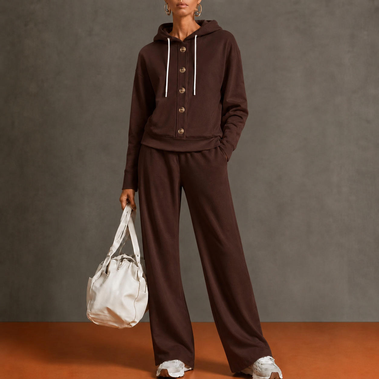 Women’s Hooded Two Piece Lounge Set, Button Front Sweatshirt Top & Wide Leg Pants Outfit