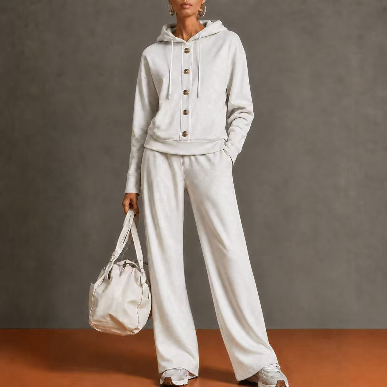 Women’s Hooded Two Piece Lounge Set, Button Front Sweatshirt Top & Wide Leg Pants Outfit