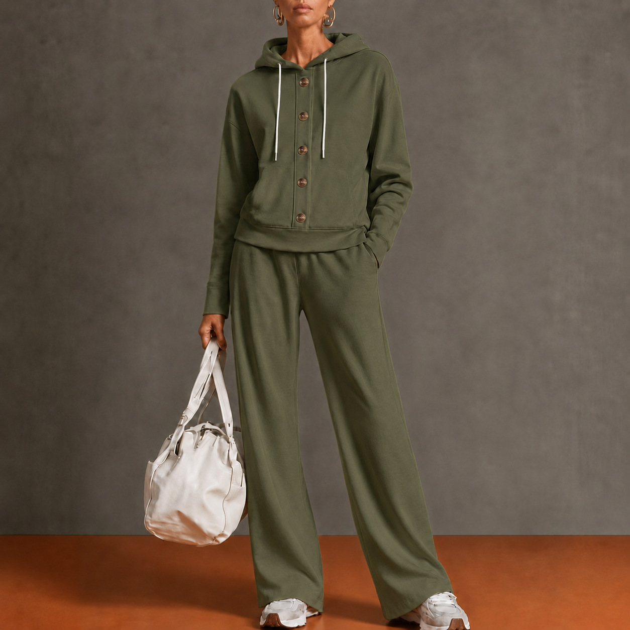 Women’s Hooded Two Piece Lounge Set, Button Front Sweatshirt Top & Wide Leg Pants Outfit
