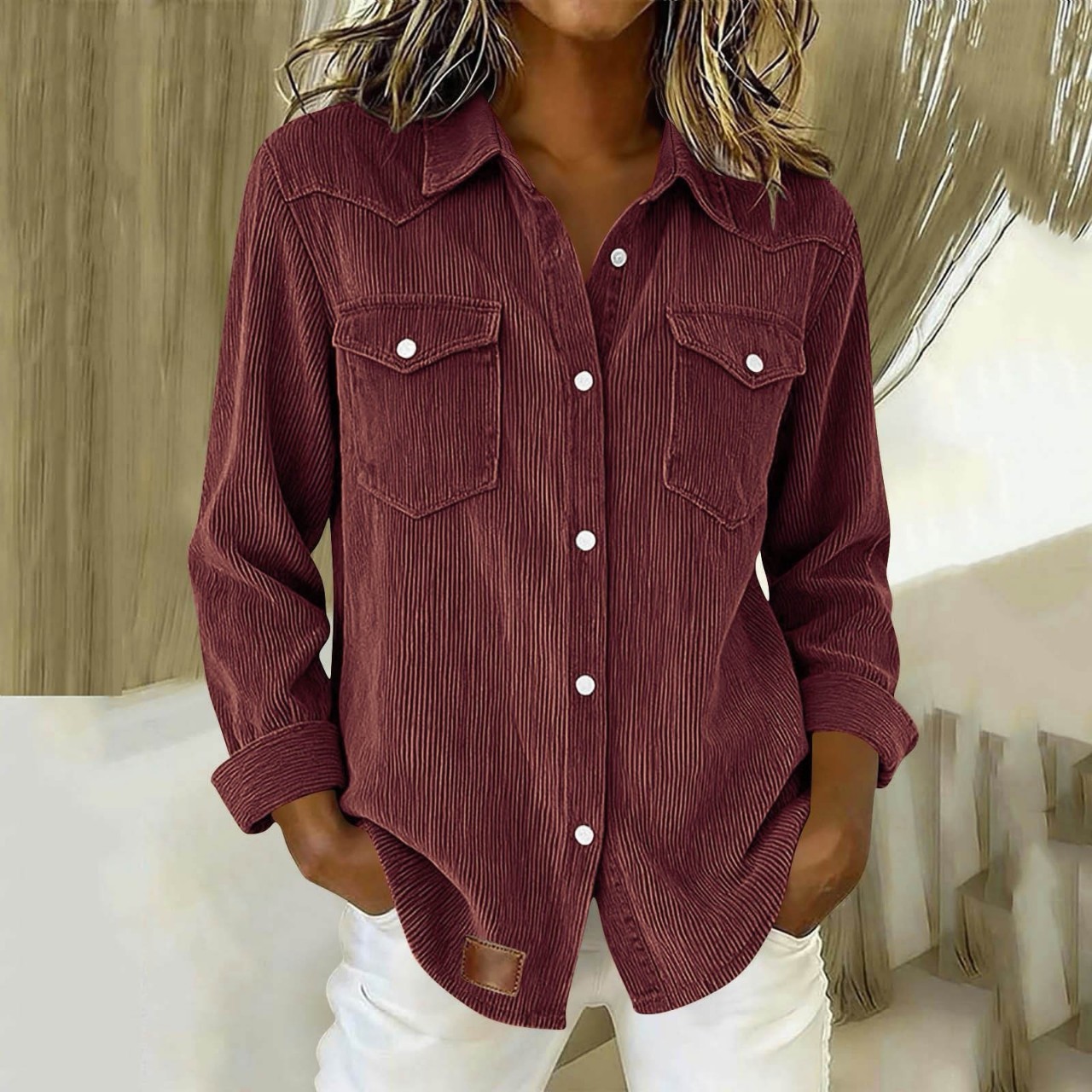 Women's Oversized Corduroy Button-Up Shirt with Flap Pockets Long Sleeve Casual Blouse