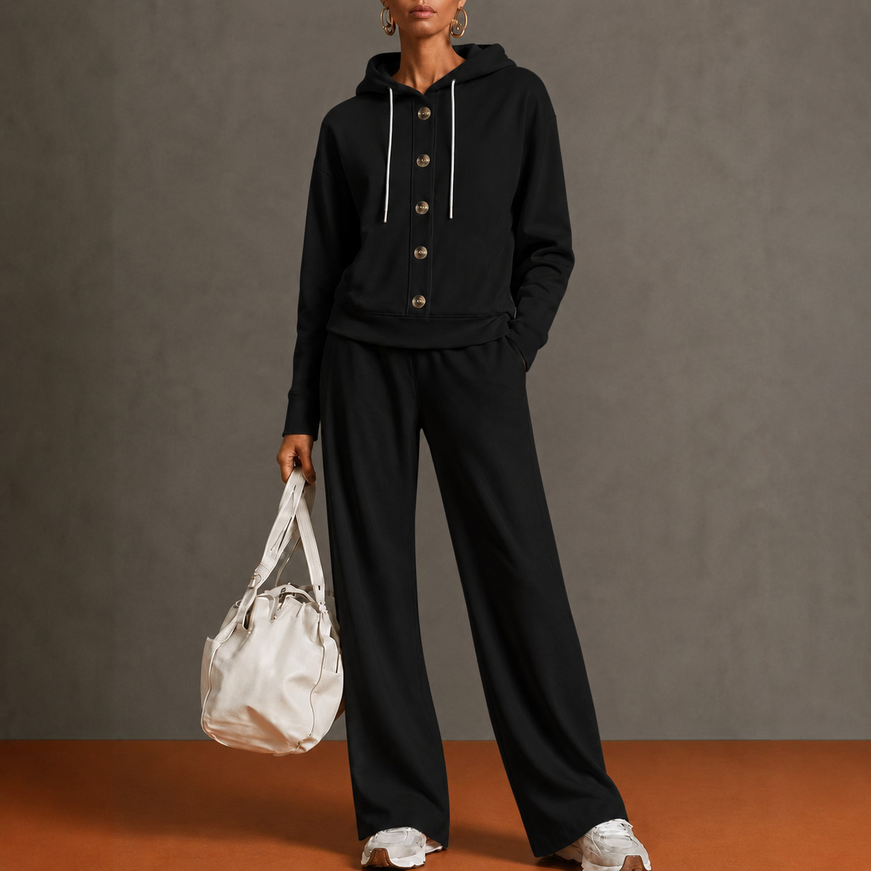 Women’s Hooded Two Piece Lounge Set, Button Front Sweatshirt Top & Wide Leg Pants Outfit