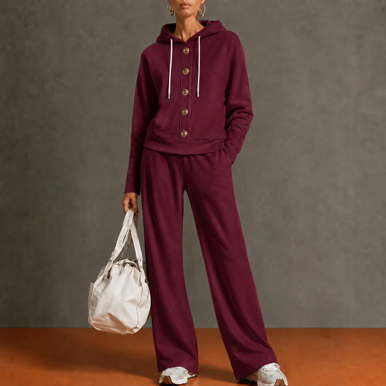 Women’s Hooded Two Piece Lounge Set, Button Front Sweatshirt Top & Wide Leg Pants Outfit