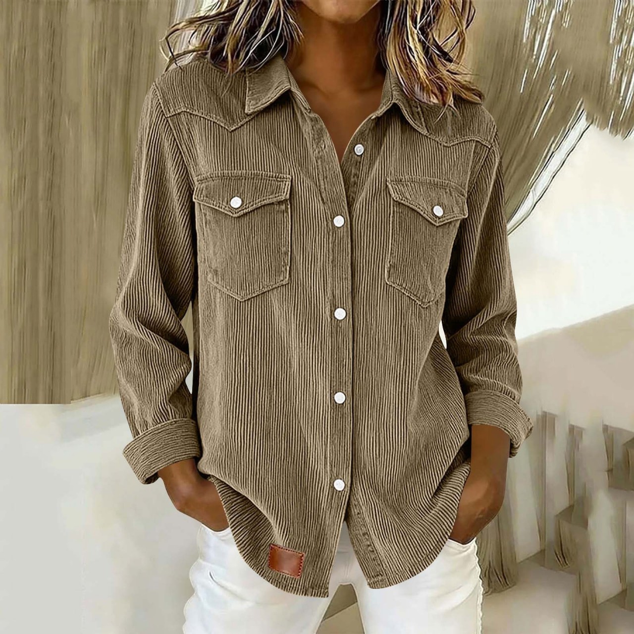 Women's Oversized Corduroy Button-Up Shirt with Flap Pockets Long Sleeve Casual Blouse