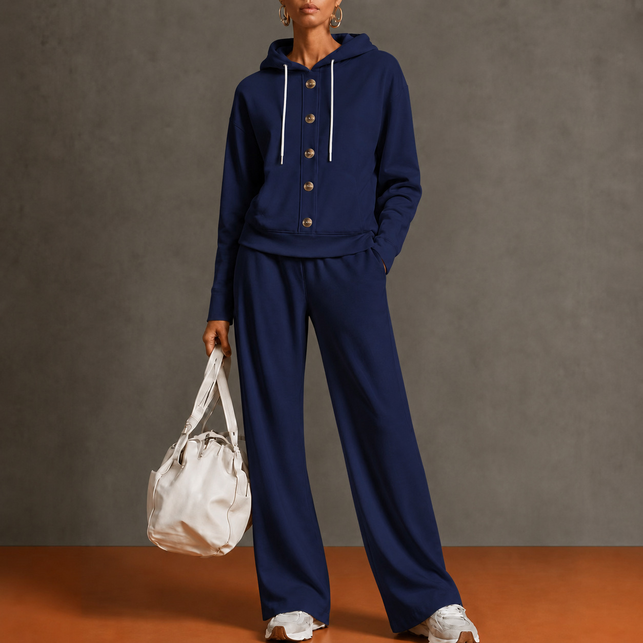 Women’s Hooded Two Piece Lounge Set, Button Front Sweatshirt Top & Wide Leg Pants Outfit