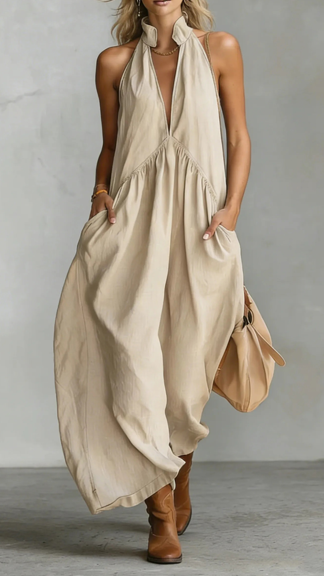 Women's Cotton-Linen Halter-Neck Wide-Leg Jumpsuit