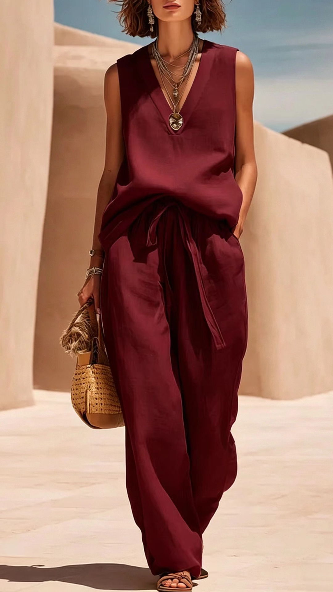 [Copy]Women's Solid Color V-neck Long Sleeve Casual Loose Cotton Linen Top With Elastic Waist And Wide-leg Pants Set