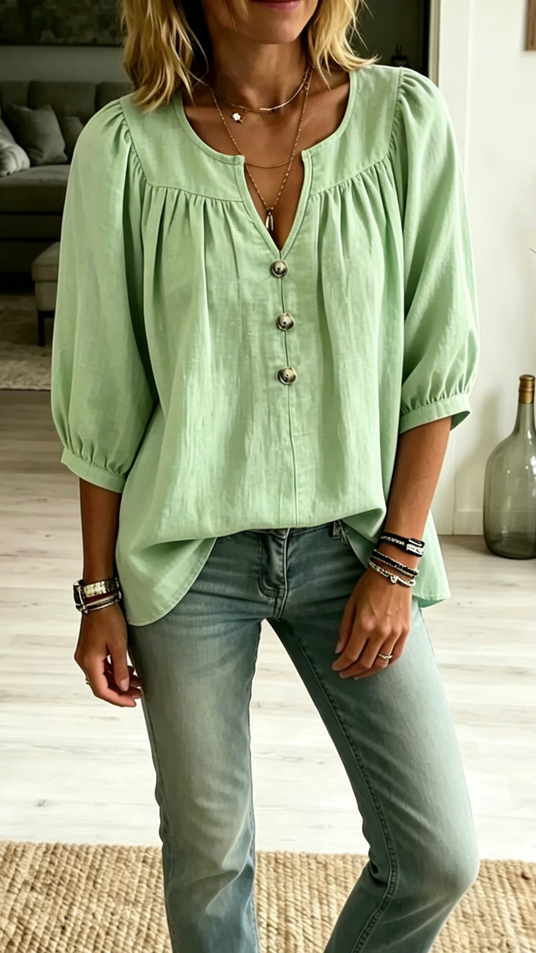 Women's Cotton-Linen 3/4-Sleeve Button-Front Casual Loose T-Shirt