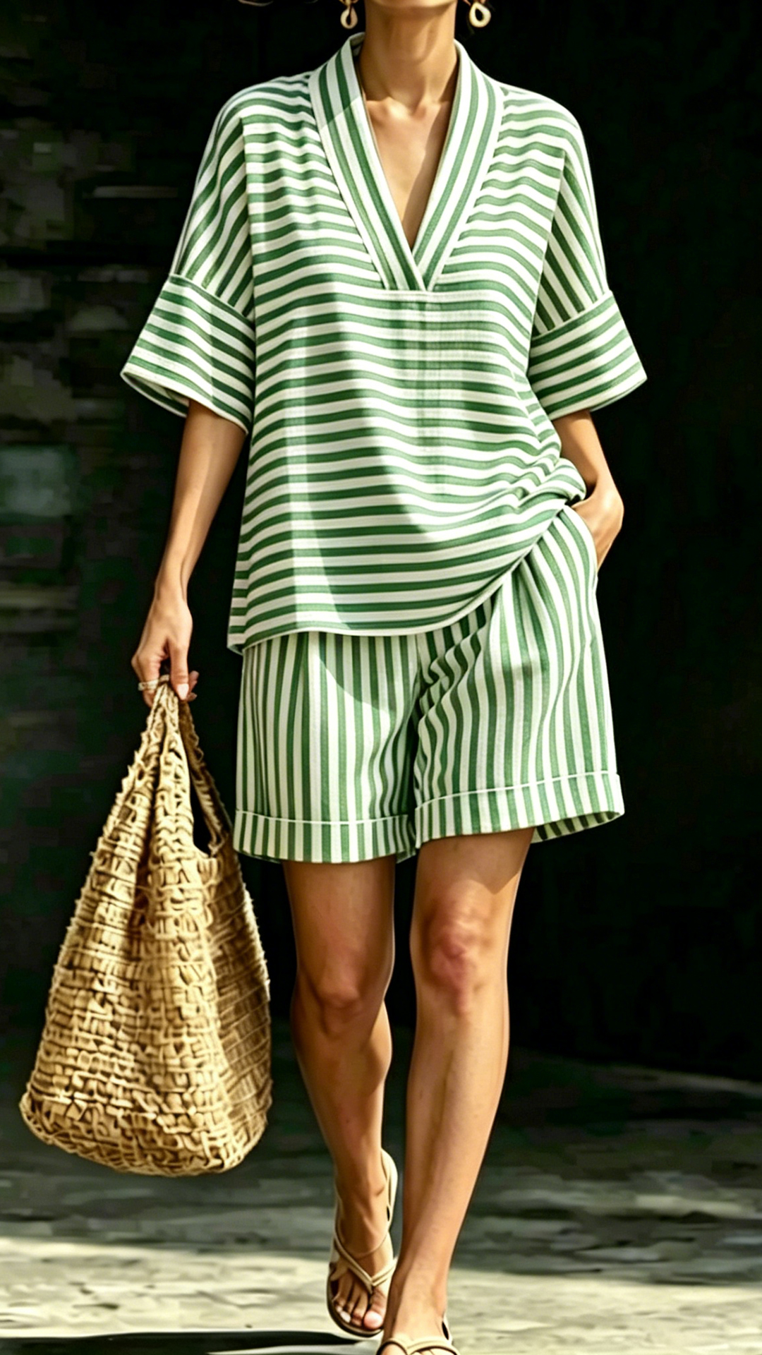 Women's Casual V-Neck Striped Loose-Fit Matching Set