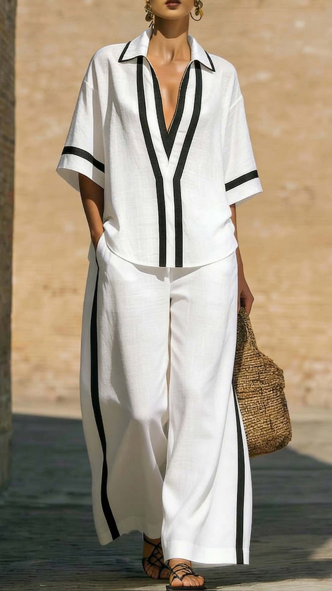 Women's Cotton-Blend Contrast Trim Co-Ord Set