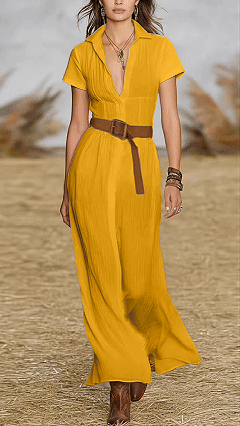 Women's Cotton‑blend Ginger Yellow Collared V‑Neck Short‑Sleeve Belted Waist‑cinched Maxi Dress