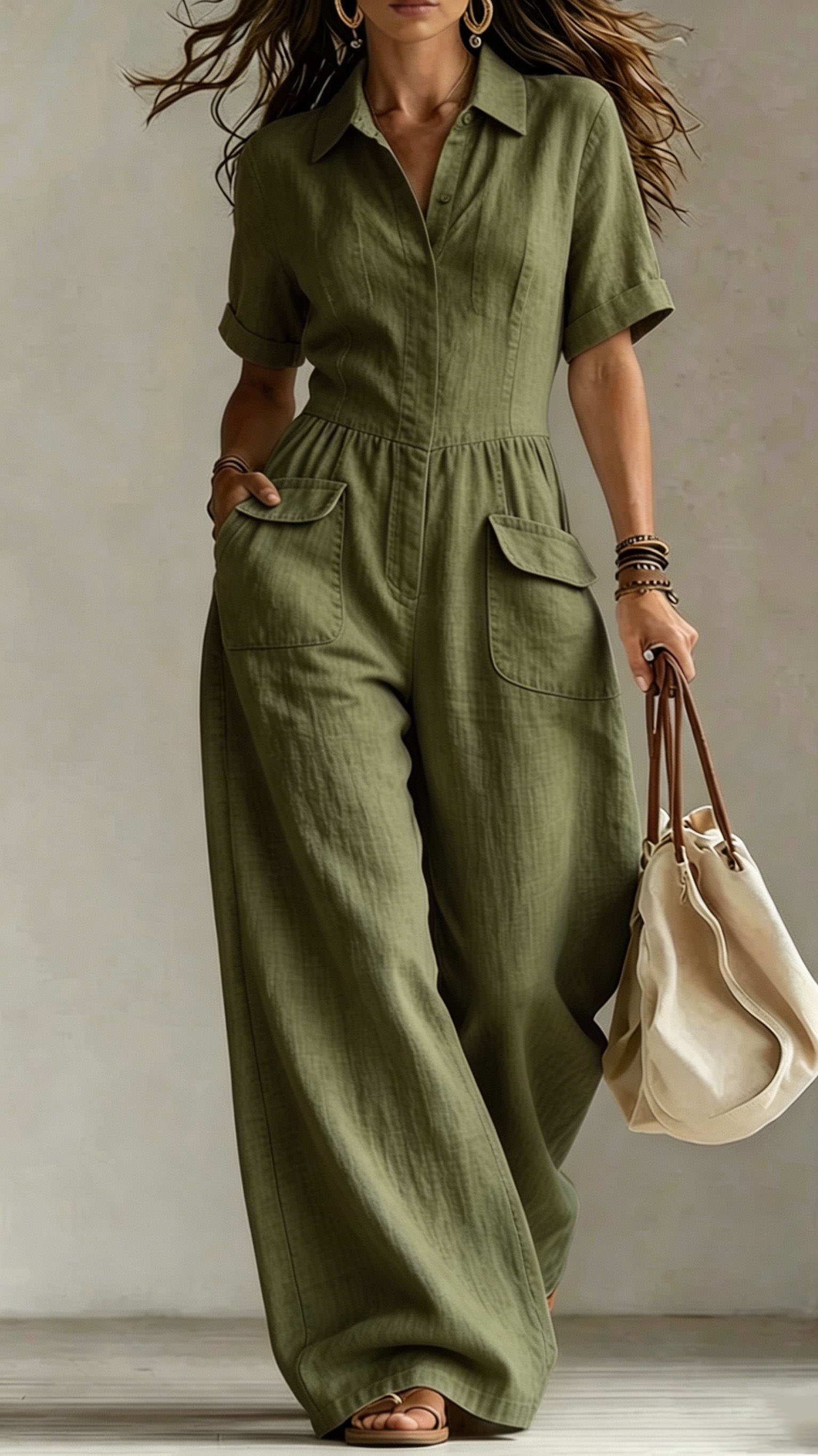 Women's cotton and linen loose sleeveless suspender jumpsuit