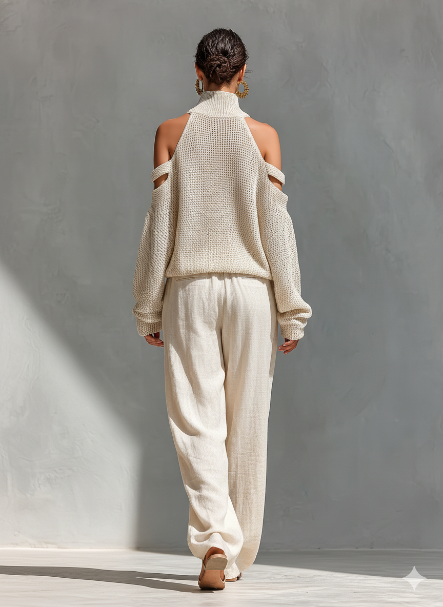 Women’s Beige Linen-Blend High-Waisted Pocketed Wide-Leg Pants
