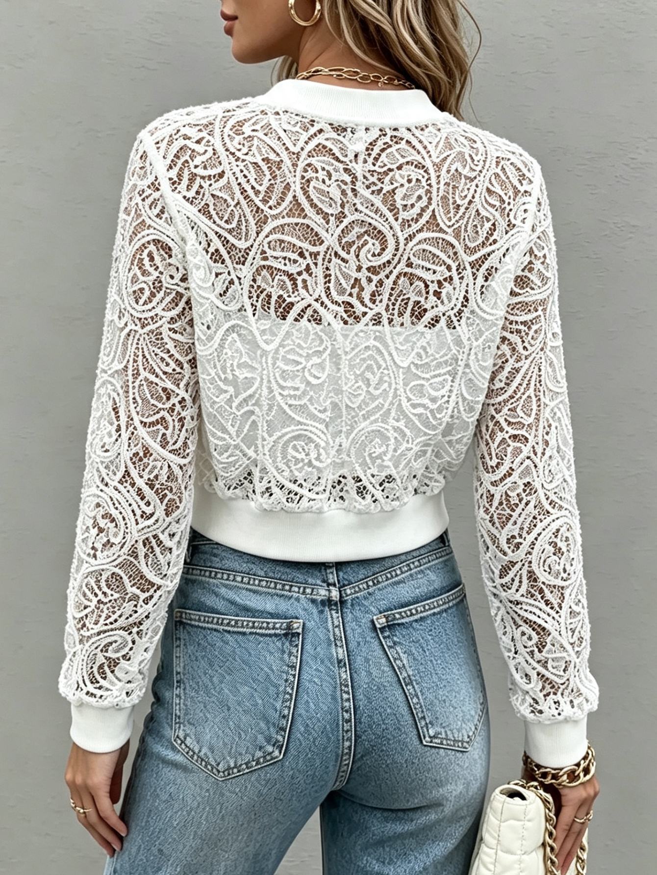 Women's Sheer Lace Cropped Zip-Up Bomber Jacket