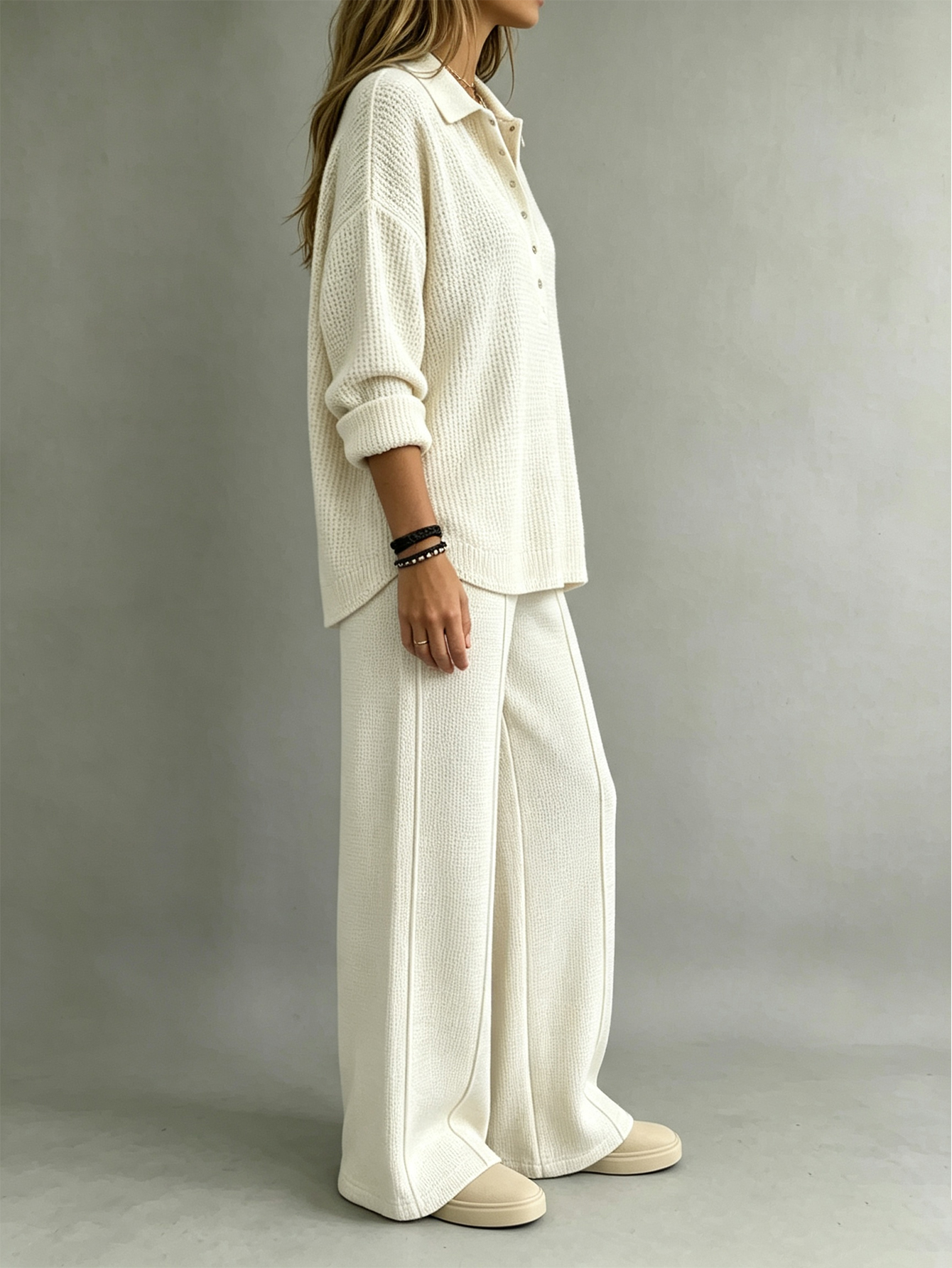 Waffle Knit Collared Henley Top & Wide Leg Pants 2-Piece Lounge Set