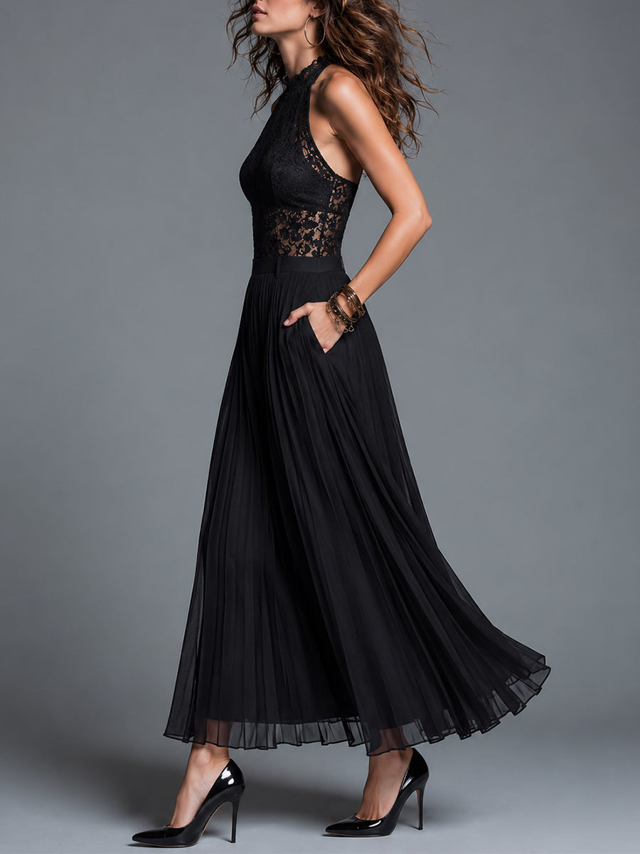 Vintage-Style Pleated Chiffon Dress With A Stand Collar And Cut-Out Lace Detailing