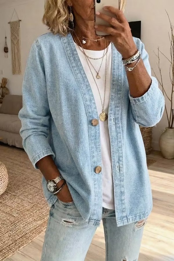 Women's V-Neck Button Front Denim Jacket Casual Loose Fit