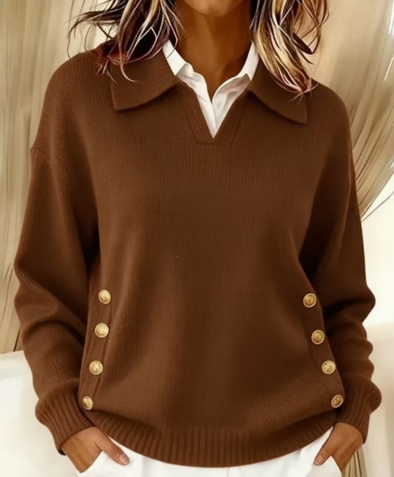 Women's Retro Collared Button Detail Knit Sweater, Relaxed Fit Pullover Top