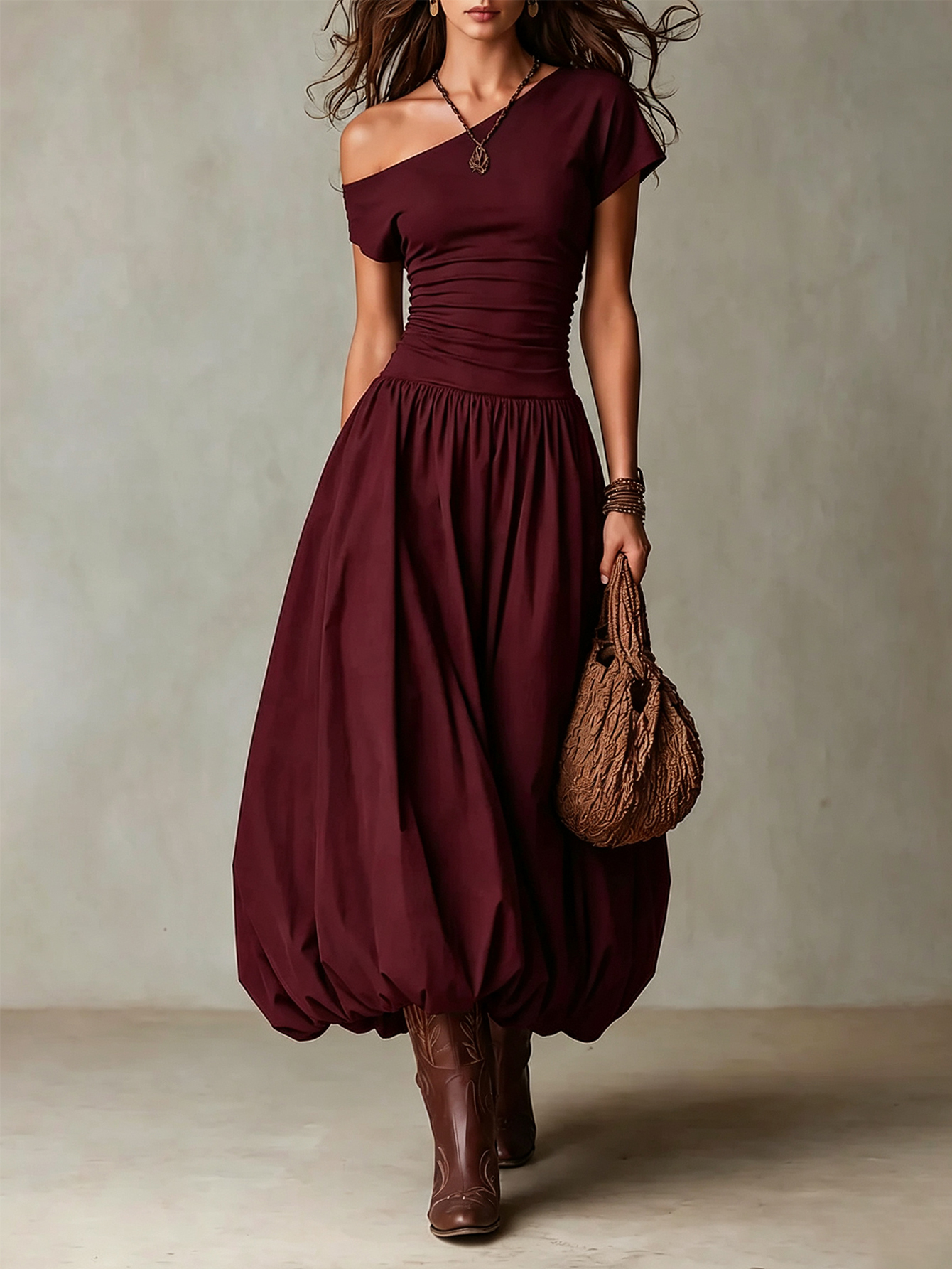 Vintage-style One-shoulder Balloon Hem Maxi Dress
