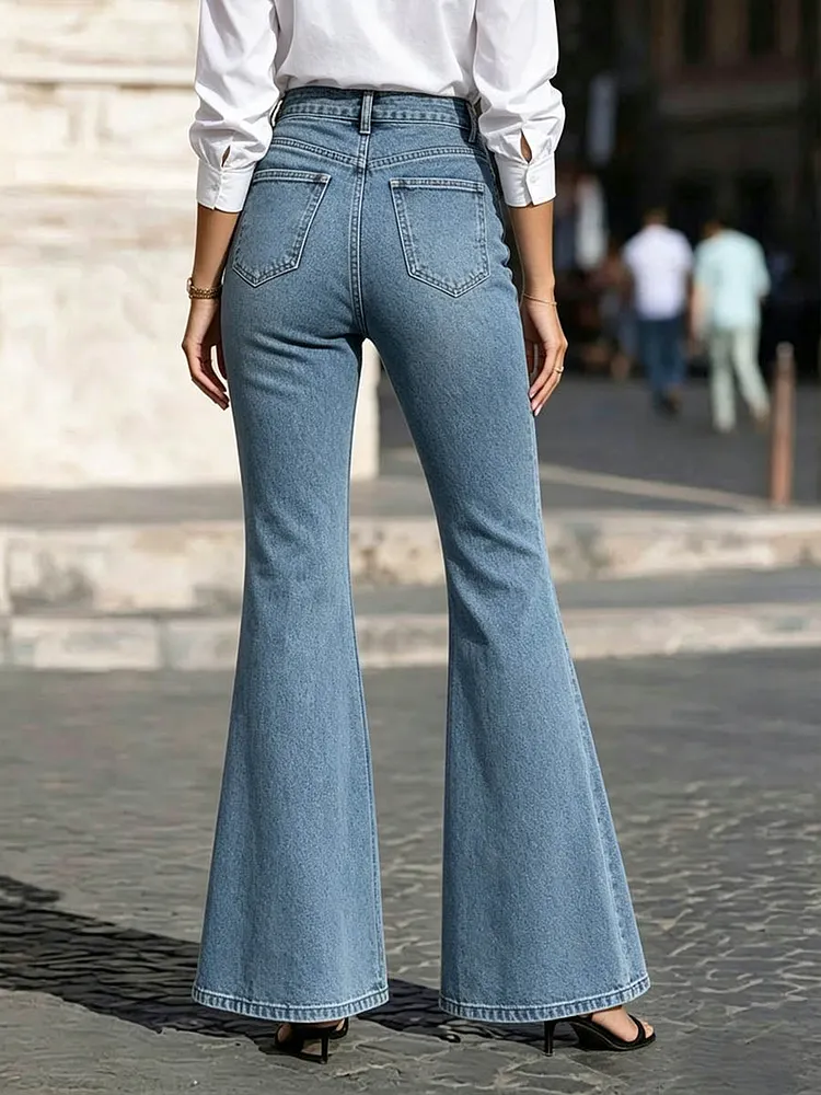 Women’s Lace Panel Flare Jeans, High Waisted Slim Fit Denim Pants Vintage Wide Leg Trousers