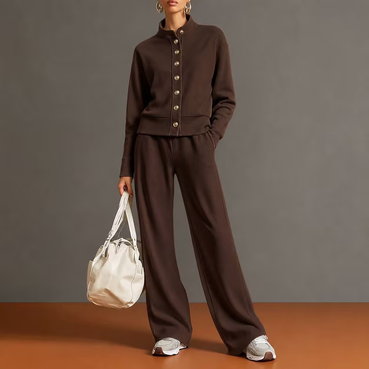 Women's Stand Collar Snap Button Lounge Set Long Sleeve Jacket & Wide Leg Pants 2 Piece Athleisure Outfit