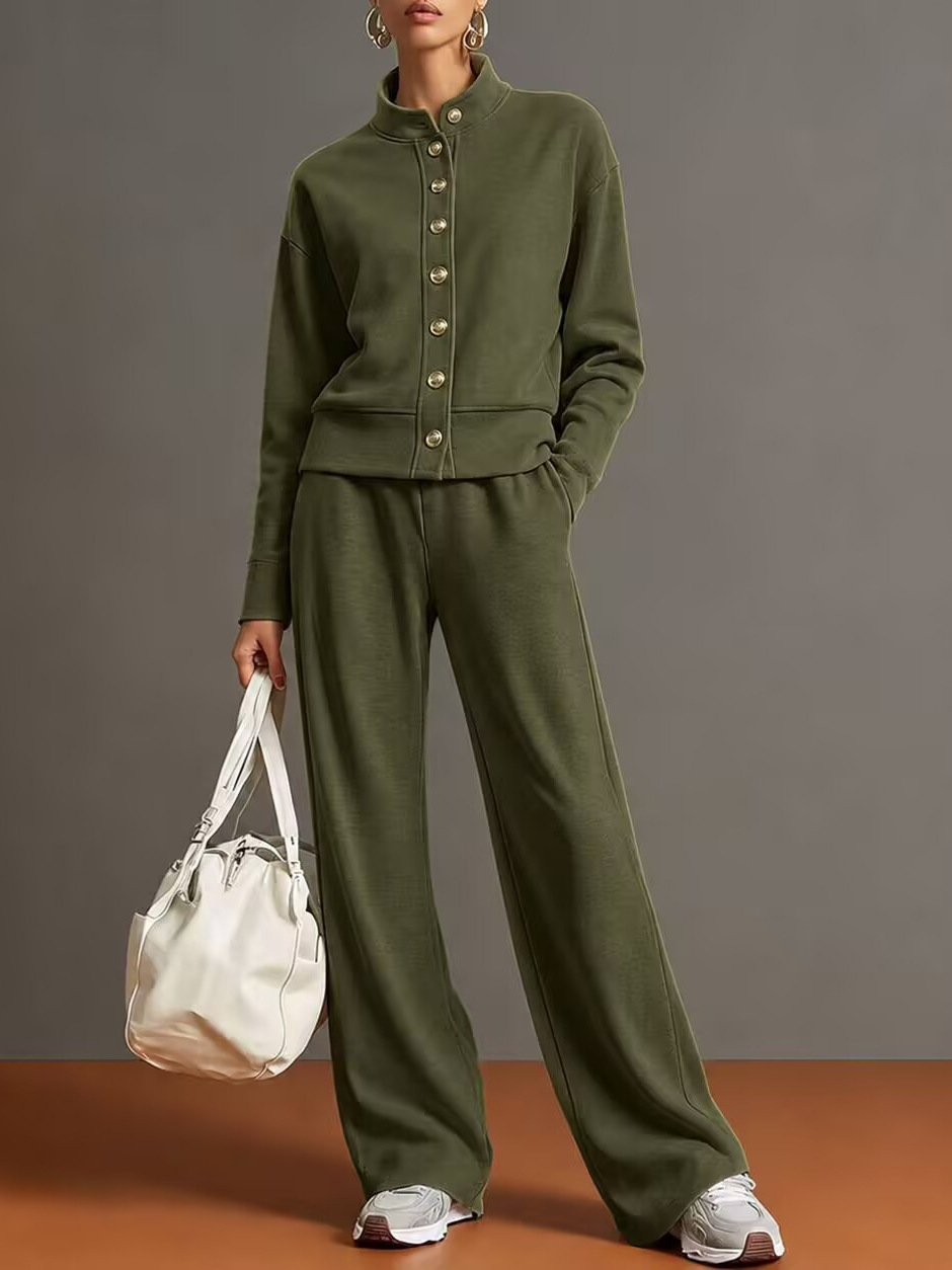 Women's Stand Collar Snap Button Lounge Set Long Sleeve Jacket & Wide Leg Pants 2 Piece Athleisure Outfit