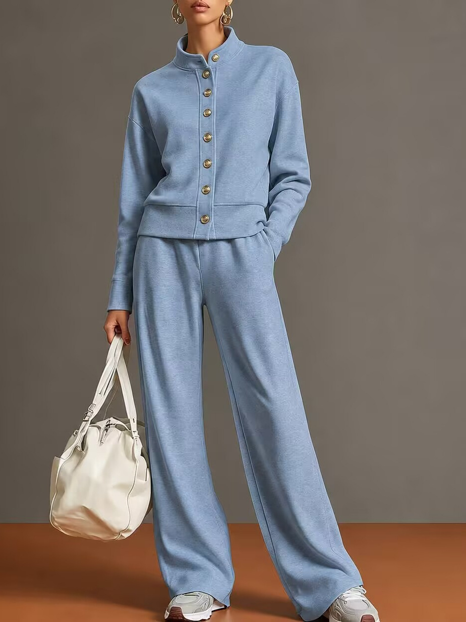 Women's Stand Collar Snap Button Lounge Set Long Sleeve Jacket & Wide Leg Pants 2 Piece Athleisure Outfit