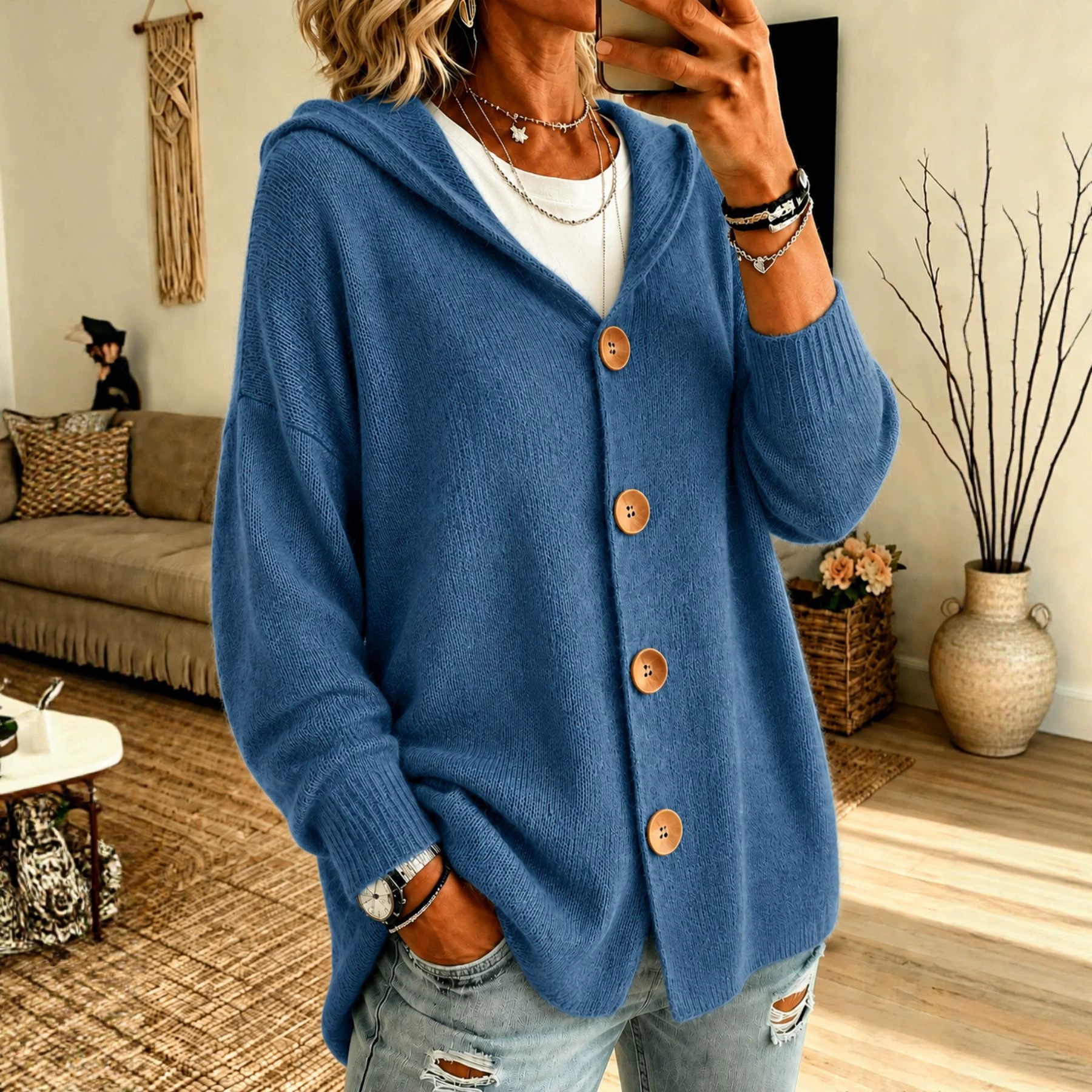 Women’s Hooded Knit Cardigan, Relaxed Button Front Sweater Jacket Casual Outerwear