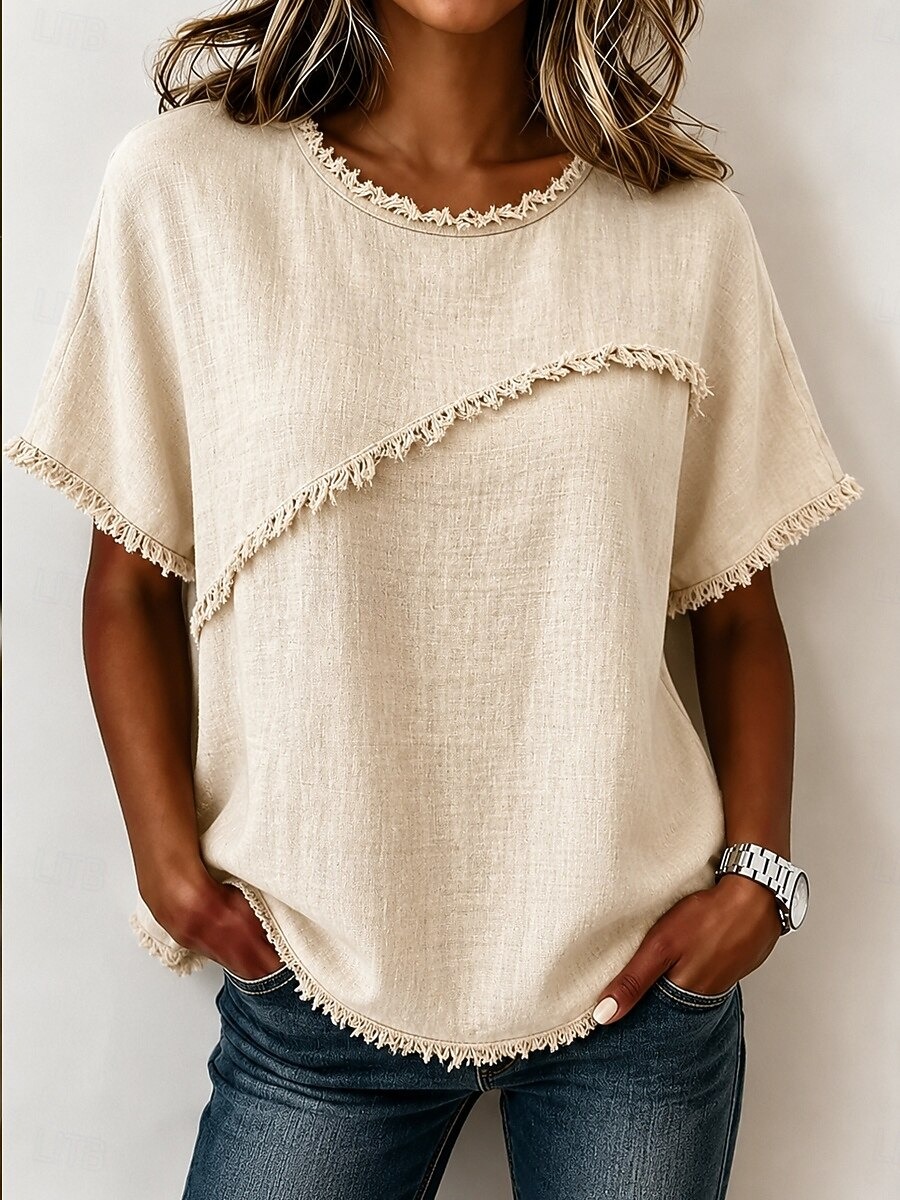 Women's Fringe Trim Textured Crew Neck Loose Fit Short Sleeve Top