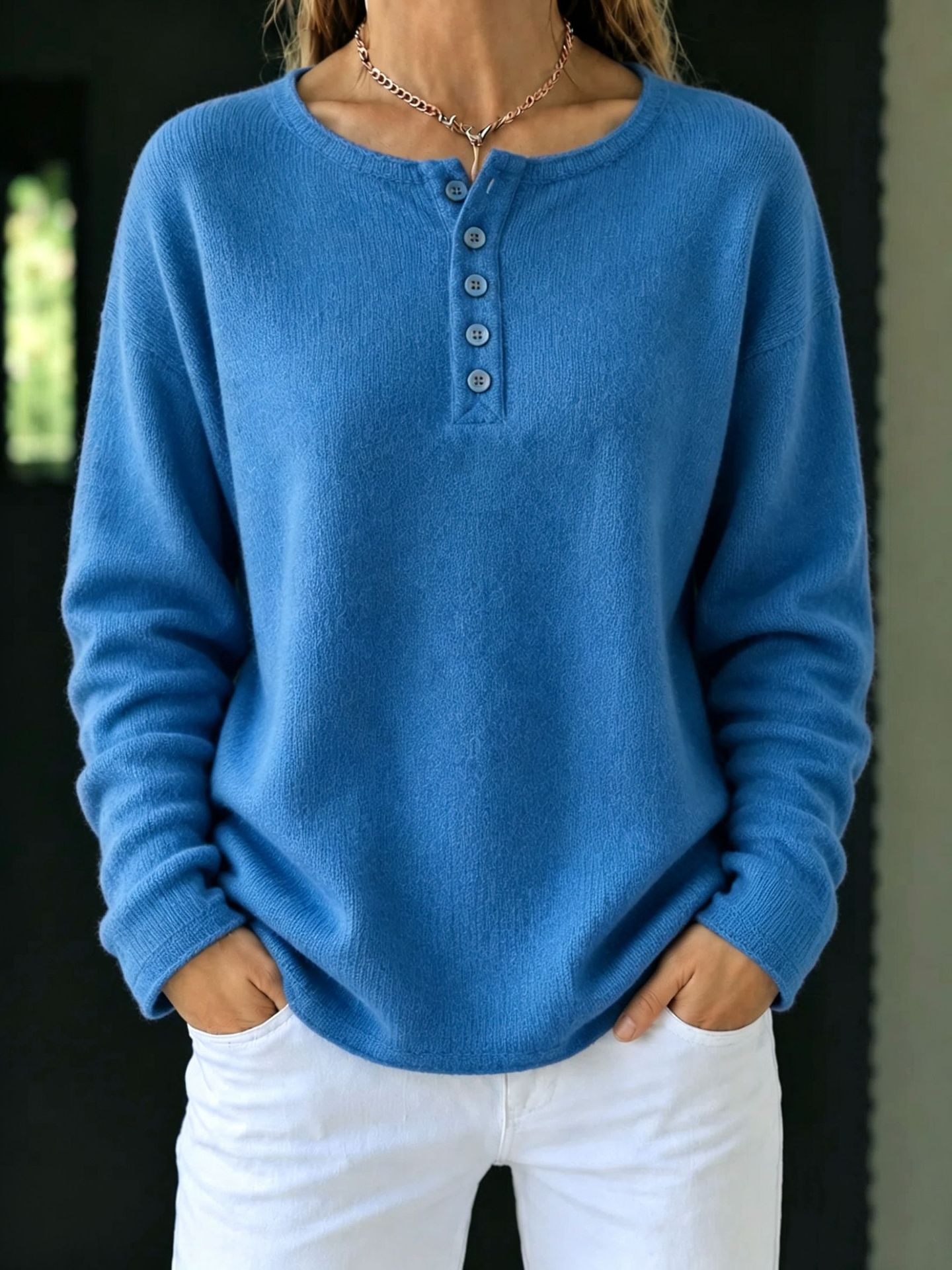 Henley Button Crew Neck Knit Sweater