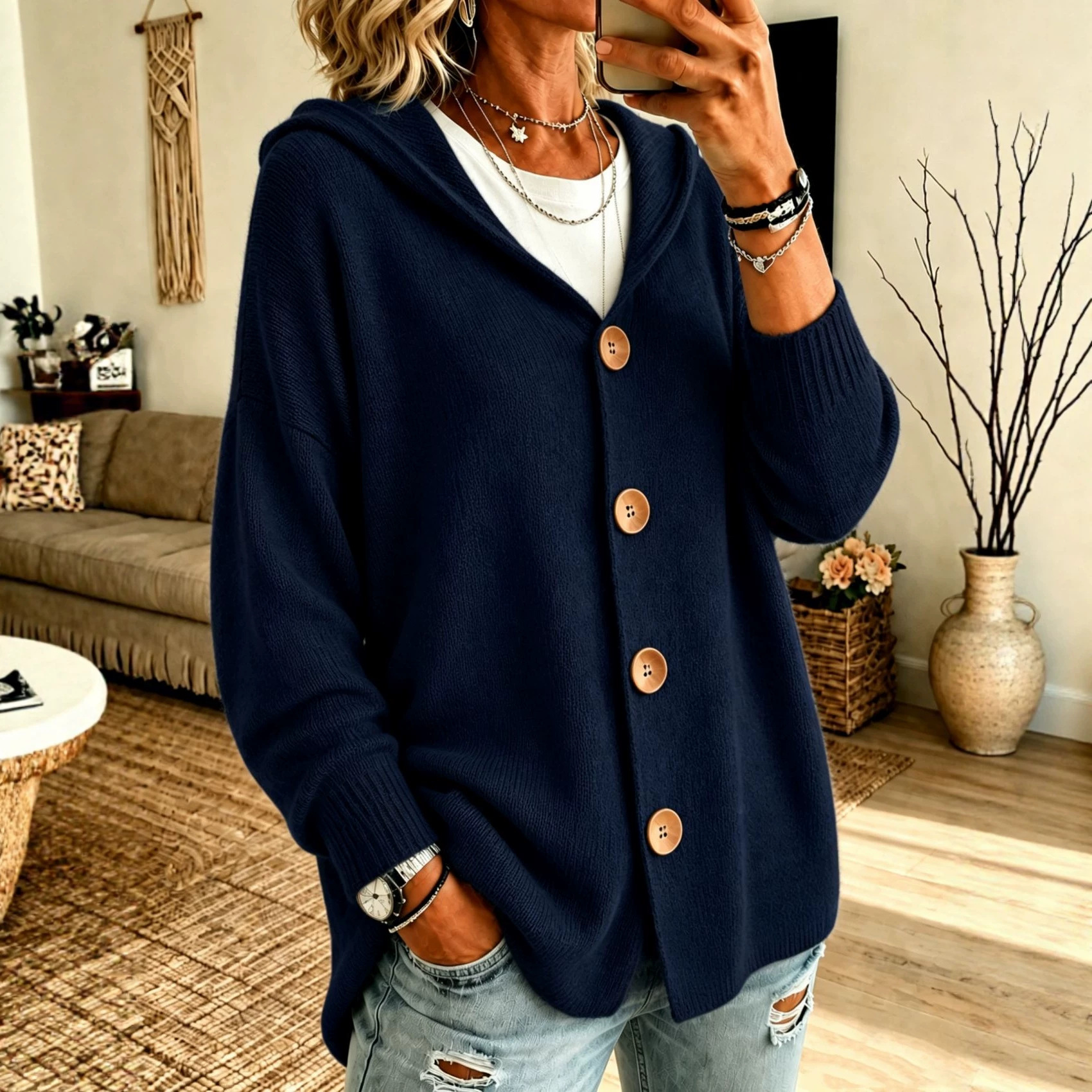 Women’s Hooded Knit Cardigan, Relaxed Button Front Sweater Jacket Casual Outerwear