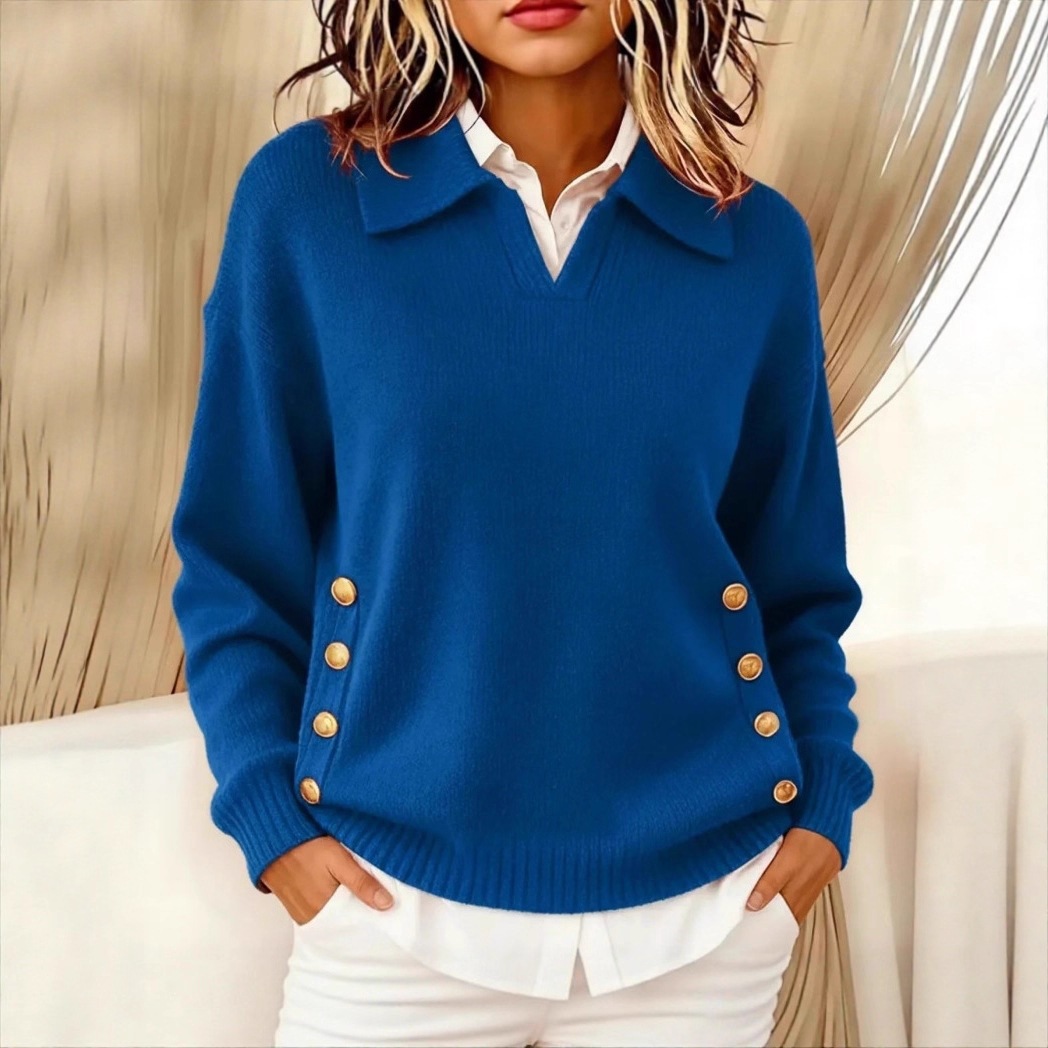 Women's Retro Collared Button Detail Knit Sweater, Relaxed Fit Pullover Top