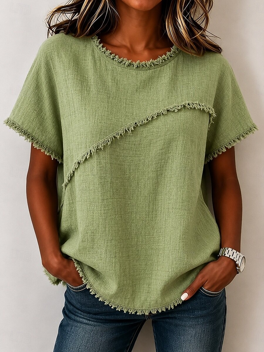 Women's Fringe Trim Textured Crew Neck Loose Fit Short Sleeve Top