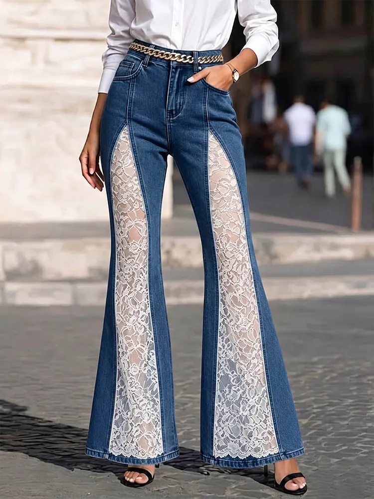 Women’s Lace Panel Flare Jeans, High Waisted Slim Fit Denim Pants Vintage Wide Leg Trousers