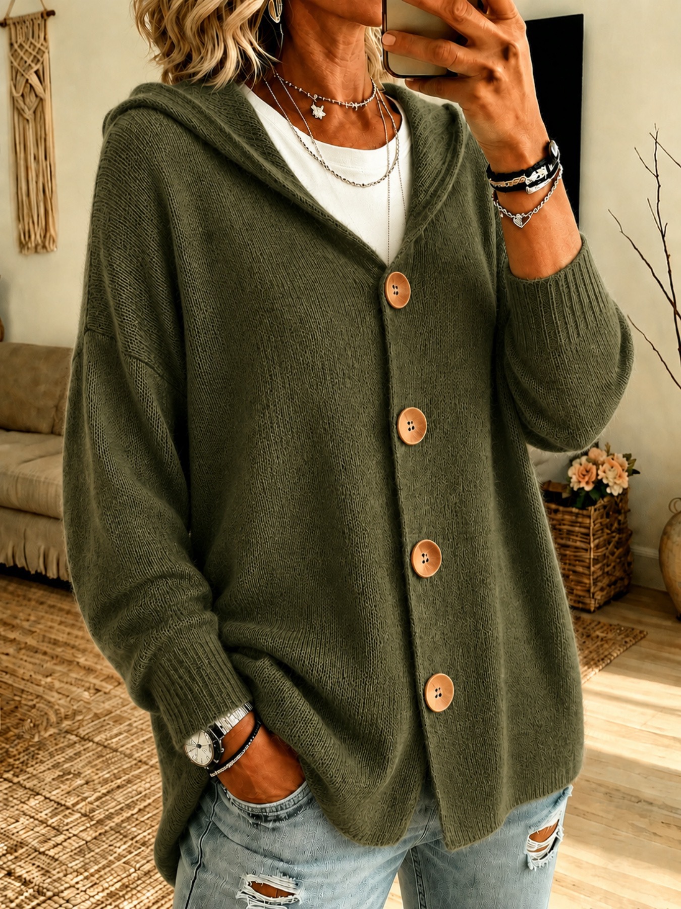 Women’s Hooded Knit Cardigan, Relaxed Button Front Sweater Jacket Casual Outerwear