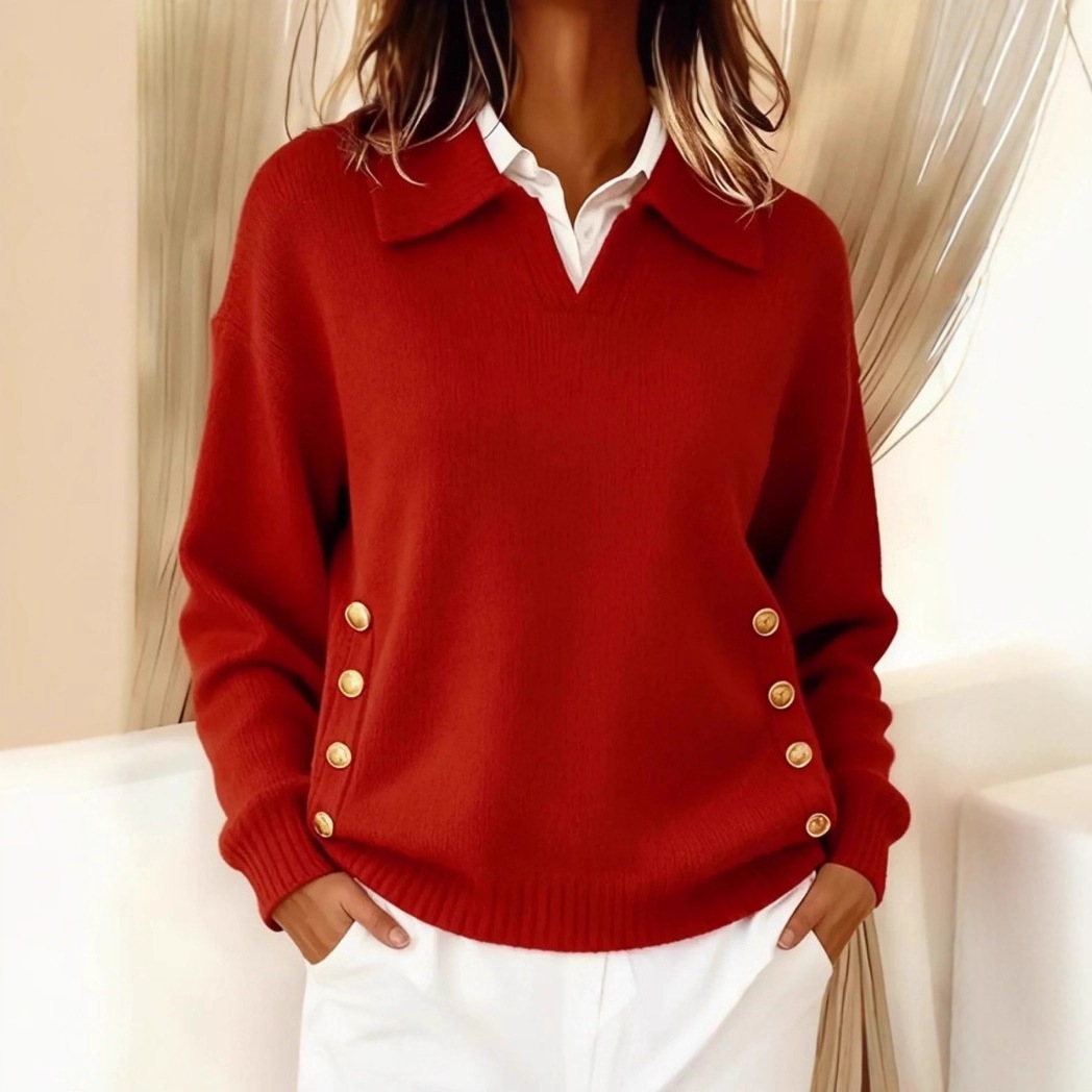 Women's Retro Collared Button Detail Knit Sweater, Relaxed Fit Pullover Top