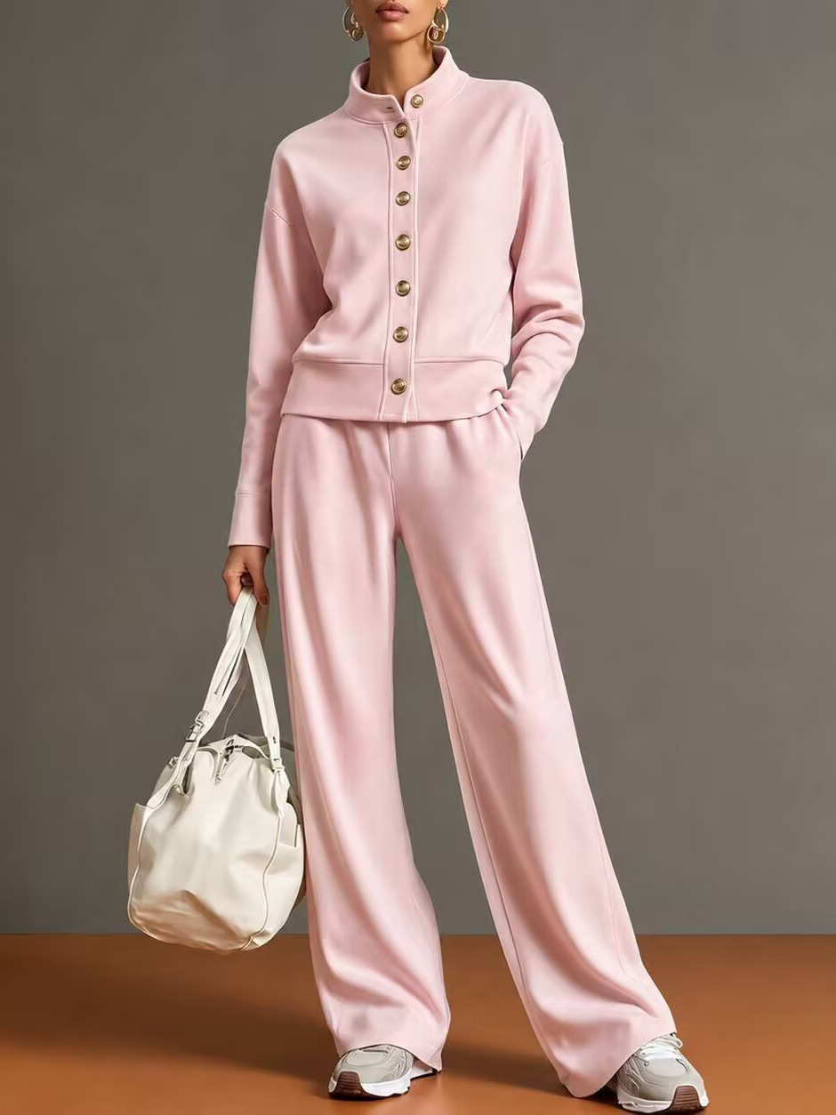 Women's Stand Collar Snap Button Lounge Set Long Sleeve Jacket & Wide Leg Pants 2 Piece Athleisure Outfit