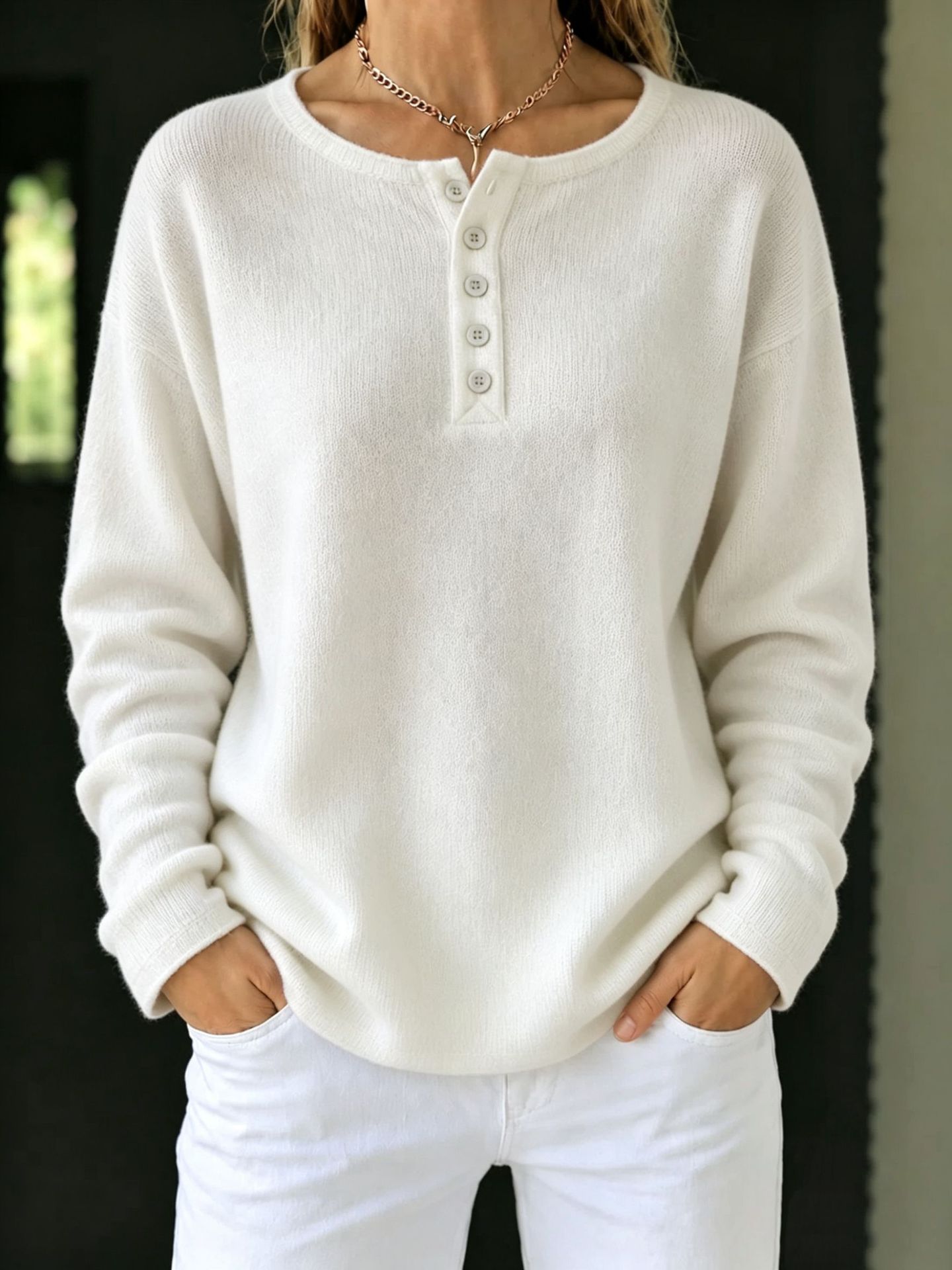 Henley Button Crew Neck Knit Sweater