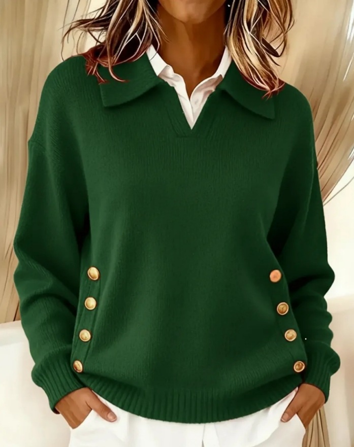Women's Retro Collared Button Detail Knit Sweater, Relaxed Fit Pullover Top