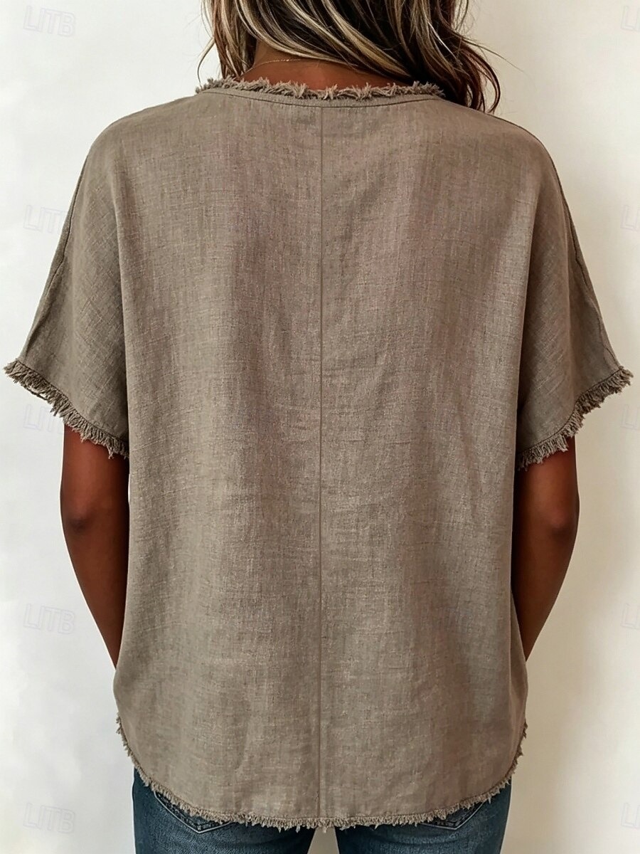Women's Fringe Trim Textured Crew Neck Loose Fit Short Sleeve Top