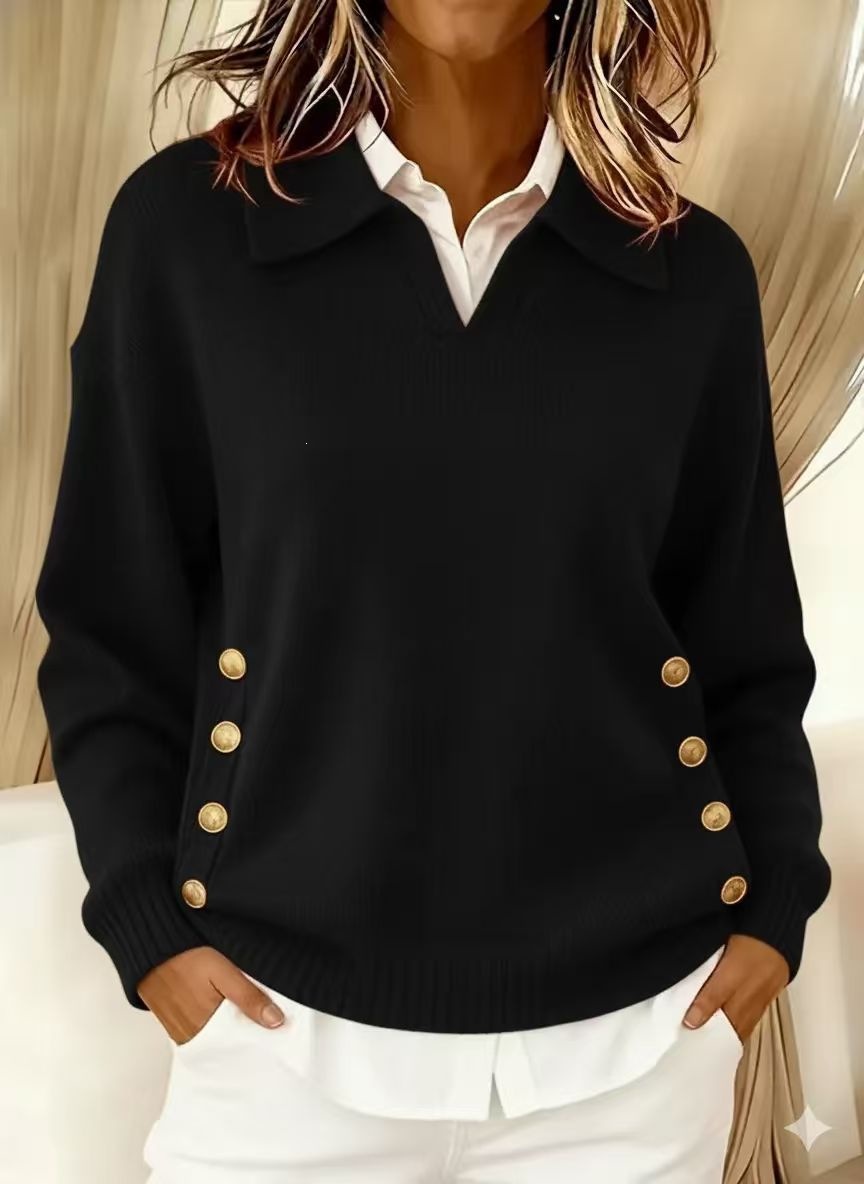 Women's Retro Collared Button Detail Knit Sweater, Relaxed Fit Pullover Top