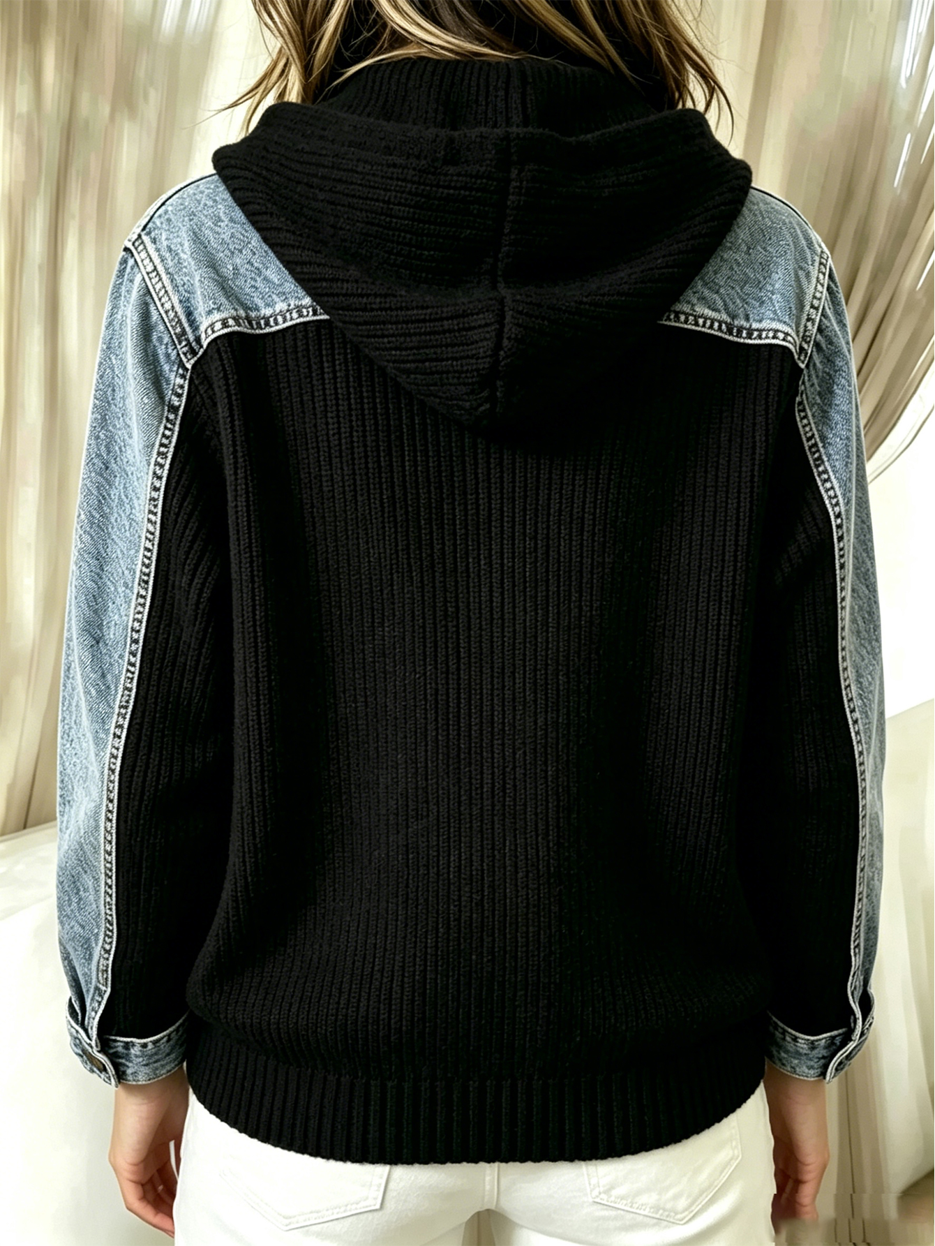 Women's Hooded Denim Patchwork Ribbed Knit Button-Up Cardigan