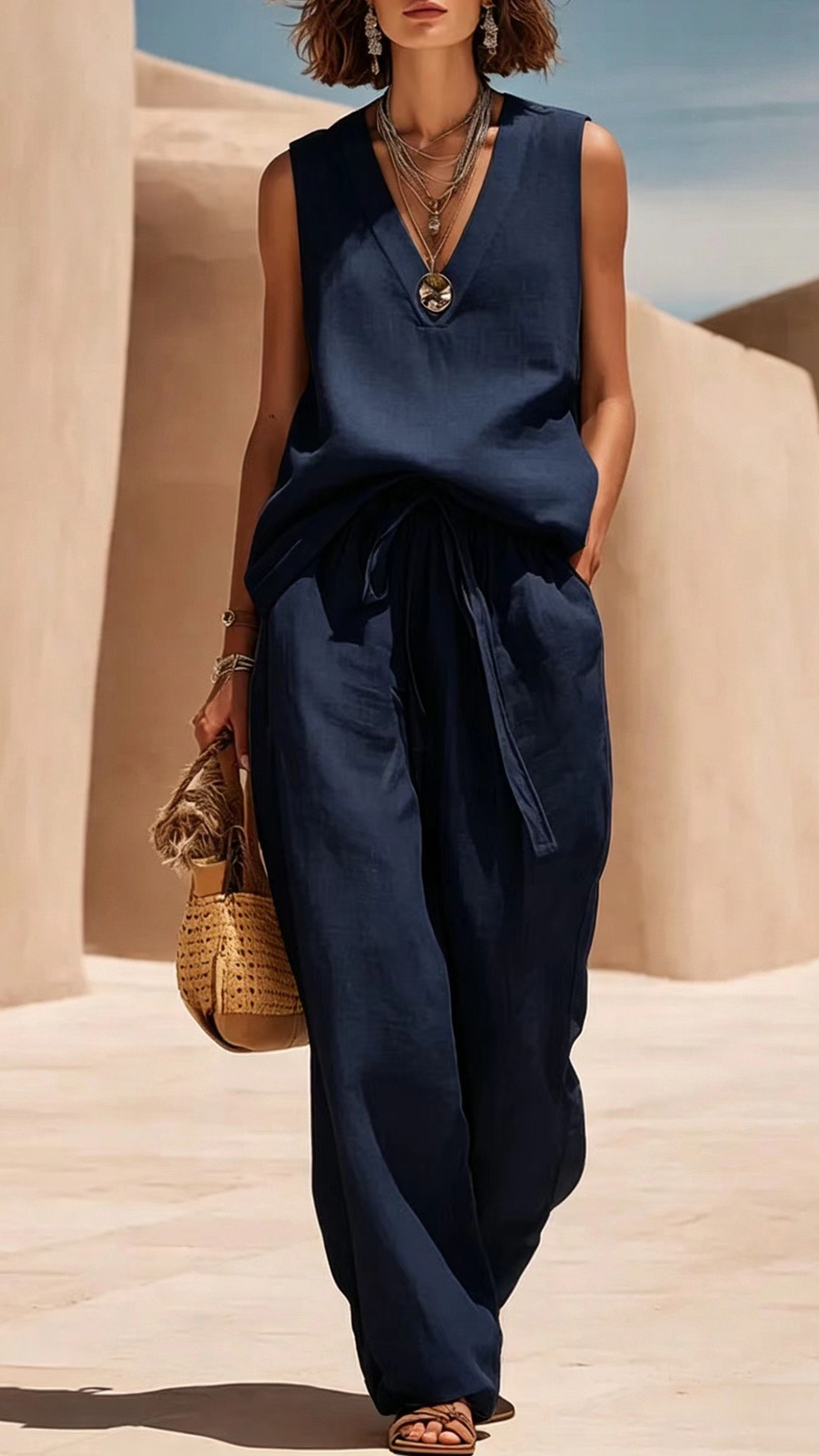 [Copy]Women's Solid Color V-neck Long Sleeve Casual Loose Cotton Linen Top With Elastic Waist And Wide-leg Pants Set