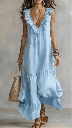Women's Solid-Color Sleeveless Cotton-Linen V-Neck Flared Dress