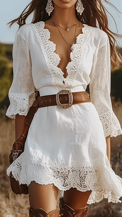 Women's Loose-Fit Linen Dress with Flared Sleeves, V-Neck, and Lace Trim