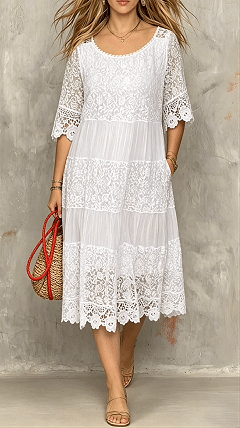 Women's Round-Neck Short-Sleeve Lace-Trimmed Dress