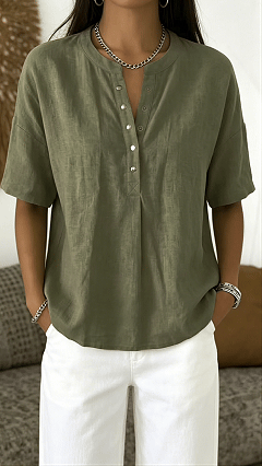 Women's  Henley Neck Cotton-Blend Short-Sleeve Top